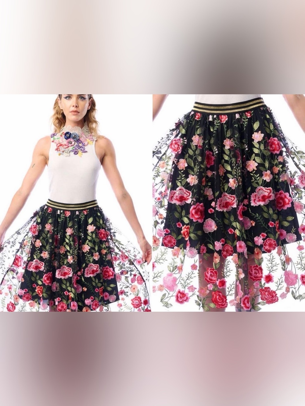 NWT Aratta Black Mesh Skirt with Pink and Red Floral Embroidery size medium
